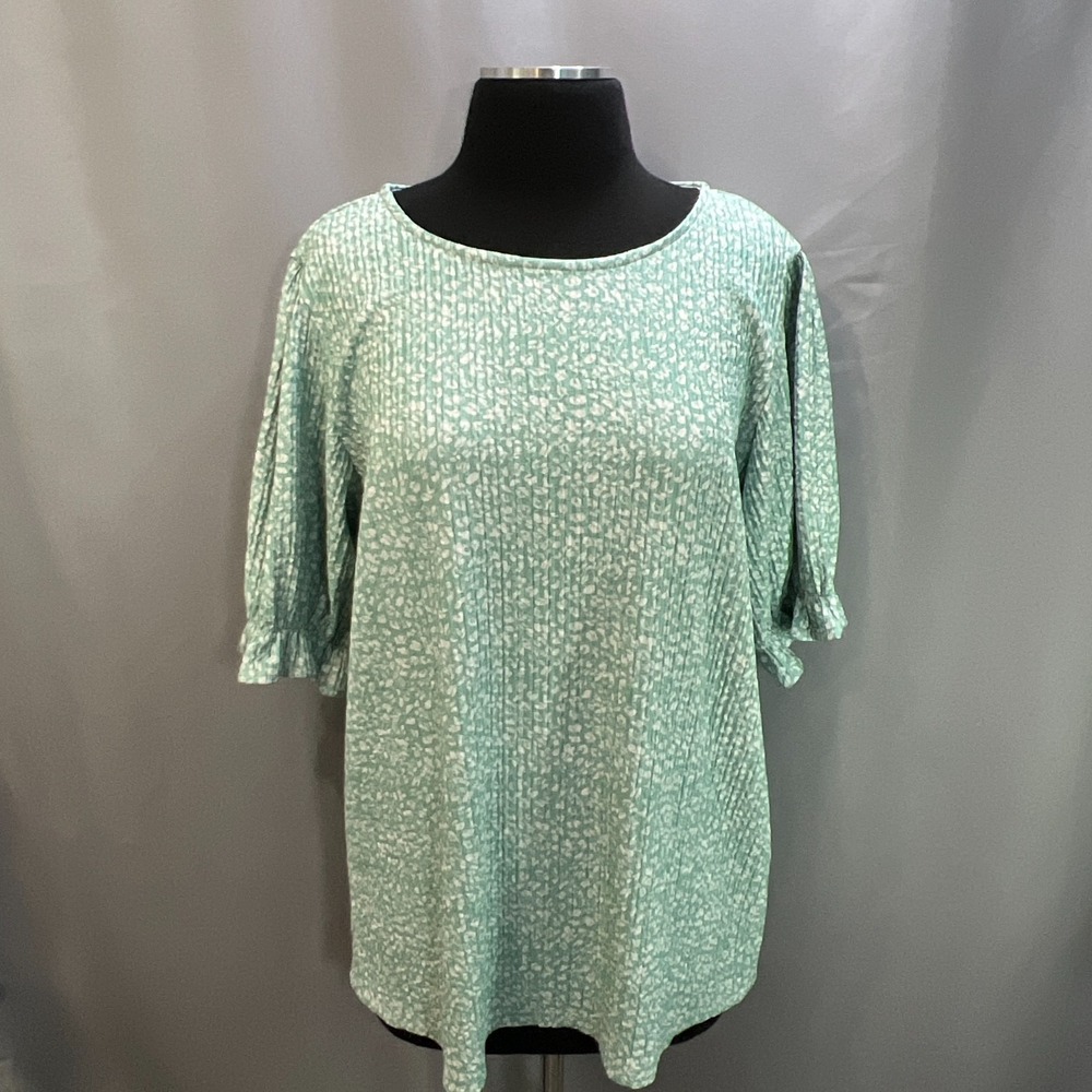 Zeagoo Blouse Top Womens XL Sage Green Leopard Print Keyhole Back Puff Sleeve